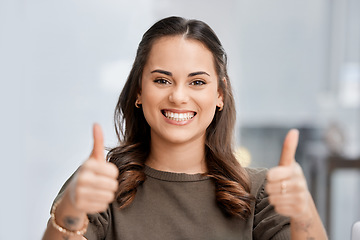 Image showing Thank you, portrait of woman with thumbs up and happy at her workplace. Happiness or success, mockup space or good news and female person with emoji hand for achievement or motivation with a smile