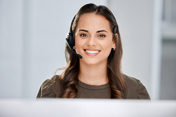 Image showing Telecom, portrait or happy woman in call center tech support consulting, speaking or talking on microphone. Communication, face or friendly consultant in telemarketing customer services help desk