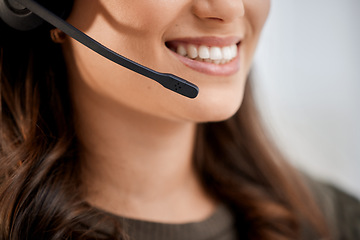 Image showing Call center, closeup or mouth of talking woman in customer service help desk speaking in telemarketing. Contact us, friendly or happy sales agent girl consulting on microphone at technical support