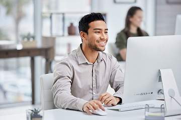 Image showing Business, smile and man with a computer, connection and administrator with digital planning, search internet and website information. Male person, employee and consultant with a pc and online reading