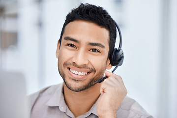 Image showing Man, call center and portrait of working at office desk, computer or job in telemarketing, communication or sales. Indian agent, happy employee or work in consulting, customer service or crm business