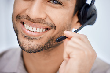 Image showing Portrait, call center and Indian man working at office desk, computer or job in telemarketing, communication or sales. Agent, happy employee or work in consulting, customer service or crm business