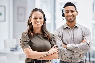 Image showing Call center, portrait or happy team with arms crossed, support or smile in telemarketing together. Confident people, proud man or woman with positive mindset at telecom customer services office