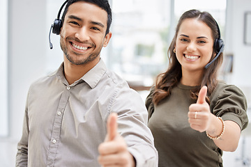 Image showing Call center, portrait or happy team with thumbs up for support or agreement in telemarketing company. Smile, man or woman with like, success or thumb up hand sign at telecom customer services office