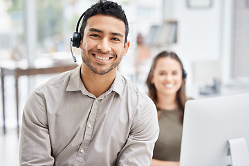 Image showing Portrait, call center and support with a man consultant in his telemarketing office for assistance. Customer service, contact us and consulting with a male employee using a headset for retail crm