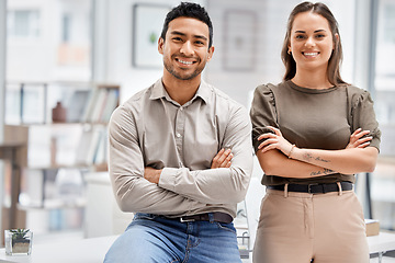Image showing Arms crossed, happy and portrait of business people in office for teamwork, entrepreneur and professional. Pride, smile and partnership with man and woman for support, collaboration and happiness