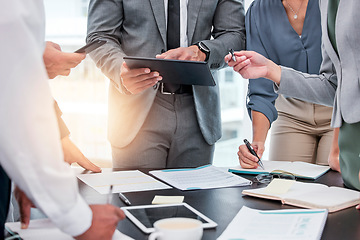 Image showing Closeup, business people and group in a meeting, technology and documents with planning, brainstorming and deadline. Staff, men and women with paperwork, collaboration and teamwork with development