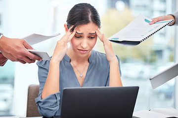 Image showing Headache, chaos and business woman, documents or computer stress, financial report and debt fail, crisis or mistake. Confused, time management problem and manager, people hands and finance paperwork