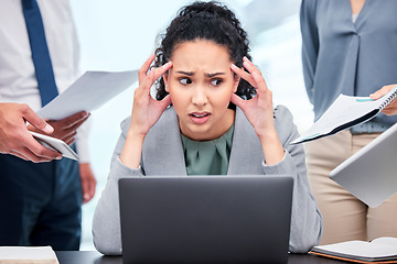 Image showing Confused, chaos and business woman, documents or computer stress, financial report and debt fail, crisis or mistake. Headache, time management problem and manager, people hands and finance paperwork