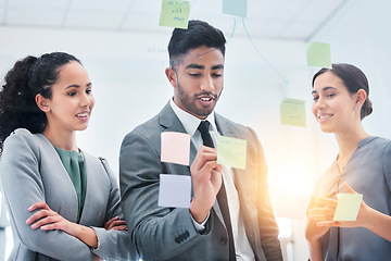 Image showing Creative, writing and business people on glass board for teamwork schedule, project priority and reminder or solution. Sticky notes, collaboration and women, man and team for scrum and agile timeline