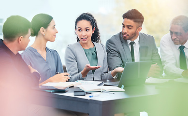 Image showing Laptop, business meeting and people talking of finance report, budget discussion and company account, or revenue. Computer, questions and feedback with manager, women and men or team in conference