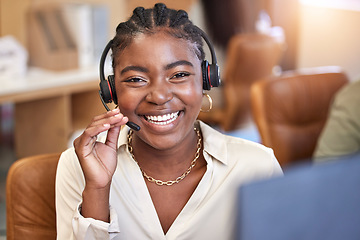 Image showing Call center, portrait and happy woman, agent or virtual consultant for communication, customer support and contact. Face of african person, telecom worker or e commerce employee speaking on headphone