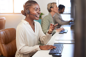 Image showing Call center, speaking and business woman in office, agency or ecommerce, talking or client account update. Agent, virtual consultant or african person on computer advice, support or customer solution