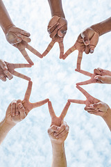 Image showing Hands in circle star, blue sky and community in collaboration for global support, trust and diversity. Teamwork, hand and summer sunshine, positive mindset and group of people in solidarity huddle.