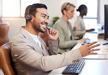 Image showing Call center, speaking and business man in office, agency or e commerce, talking or client account helping. Agent, virtual consultant or happy person on computer advice, support and customer solution