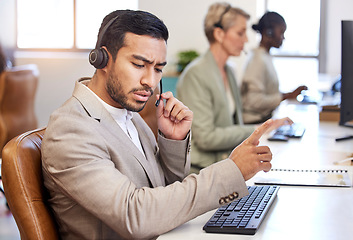Image showing Call center, thinking and business man in office, agency or ecommerce company listening to client for account problem solving. Agent, virtual consultant or person advice, support or customer solution