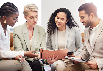 Image showing Meeting, notebook and business people for collaboration, teamwork and discussion of ideas, reminder and project notes. Agenda of happy women, men or team reading journal for startup conversation