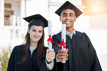 Image showing Graduation portrait, diploma and people in university, education or learning success, achievement and scholarship. Award, certificate and graduate, college students or face of friends for celebration