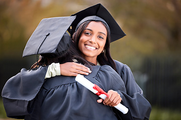 Image showing Woman friends, hug and graduation portrait at college, campus and celebration with diploma. University students, graduate event and certificate for success, achievement and congratulations in embrace