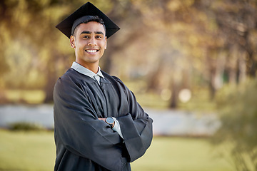 Image showing Portrait of happy man, graduation or student in university campus with degree, scholarship or education. Success, smile or male Indian graduate standing outdoors in college with school achievement