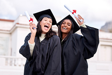 Image showing Education, portrait of college students and with certificate on their graduation day at campus. Success or achievement, graduate or happiness and friends with diploma at university outdoors smiling