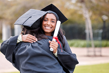 Image showing Women friends, hug and graduation portrait at college, campus and celebration with diploma. University students, graduate event and certificate for success, achievement and congratulations in embrace