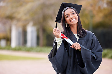 Image showing Success, portrait of college student and with certificate on her graduation day outside of campus. Education or achievement, graduate or smile and female person with diploma at university outdoors