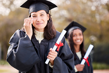 Image showing Woman, graduation portrait and happy crying at college, campus and celebration with diploma. University student, girl graduate and event with tears for success, achievement and goal with certificate