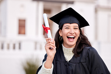 Image showing Success, portrait of college student and with certificate on her graduation day outside of campus. Education or achievement, graduate or smile and female person with diploma at university outdoors