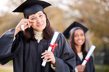 Image showing Woman graduate, portrait and happy crying at college, campus and celebration with diploma. University student, graduation and event with tears for success, achievement and life goal with certificate