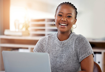 Image showing Laptop, business and portrait of black woman in office for research, website or designer. Thinking, creative and internet with female employee in digital agency for technology, email and entrepreneur