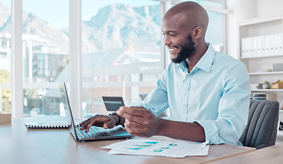 Image showing Payment, online shopping and businessman use laptop, internet or web for ecommerce purchase in an office. Black man, African and employee pay with a credit card on a website in a company office