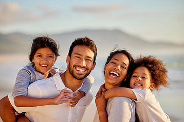 Image showing Holiday, beach and portrait of happy family travel for vacation together at the sea or ocean in summer. Love, father and mother or parents with children or kids relax, care and on getaway adventure