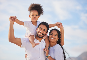 Image showing Vacation, travel and portrait of happy family excited for holiday together at the on an adventure in summer. Love, father and mother or parents with children or kids relax, care and bonding