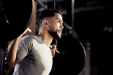 Image showing Weightlifting, barbell and workout with man in gym for exercise, strong and muscle. Training, focus and challenge with male bodybuilder in fitness center for health, performance and power