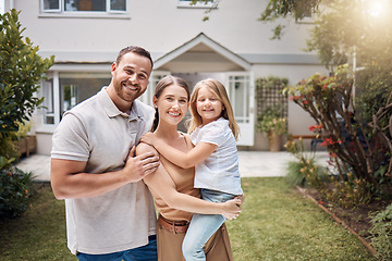 Image showing Portrait, happy family and kid outdoor at new house, real estate and building mortgage in residential neighborhood. Mother, father and child smile outside for property investment, moving or homeowner