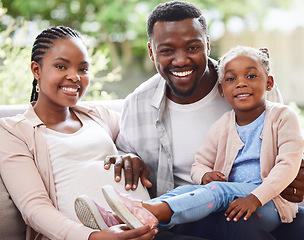 Image showing Pregnant, stomach and portrait of family with belly or family ready for motherhood or parents smile and dad with child at home. Maternity, pregnancy and female abdomen or girl kid or happy father