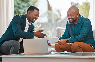 Image showing Broker, contract and black man in a house with a client for meeting or consultation for advice. Financial advisor with male person to talk about investment, savings plan or budget and insurance paper