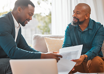 Image showing Broker, contract and man in a house with a client for meeting or consultation for advice. Financial advisor with a black person to talk investment, savings plan or budget and home insurance on paper