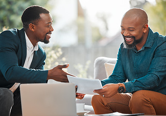 Image showing Financial advisor, contract and black man in house with client for meeting, consultation or advice. Professional broker with a African person to explain investment, savings plan or insurance on paper