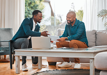 Image showing Broker, contract and man in a house with a client for meeting or consultation for advice. Financial advisor with a male person to explain investment, savings plan or budget and insurance on paper