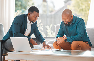 Image showing Broker, contract and talking to man in a house for meeting or consultation for advice. Financial advisor with a client or black person for investment, savings or budget and insurance plan on paper