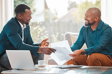 Image showing Contract, broker and man in a house talking to a client for meeting or consultation for advice. Black person and financial advisor explaining investment, savings plan or budget and insurance on paper