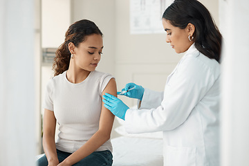 Image showing Healthcare, vaccine and patient with injection for consultation about virus and treatment. Doctor, needle and consulting for vaccination and wellness with help at the clinic with gloves for safety.