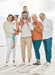 Image showing Happy family, travel portrait and beach with grandparents, parent love and kids together by sea. Outdoor, vacation and children with grandmother and father by ocean on holiday in group with a smile