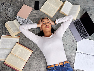 Image showing Study anxiety, burnout and woman student on ground with textbook for test feeling overworked. Stress, female person and home studying for university exam and course with laptop for elearning online