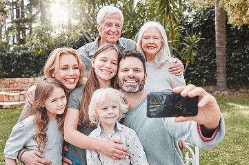 Image showing Big family selfie, smile and outdoor in park with happiness, love and bonding for social media, app or internet post. Father, mother and daughter with grandparents, profile picture or backyard garden