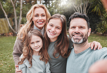 Image showing Family selfie, smile and outdoor in park with happiness, love and bonding on social media, app or internet post. Father, mother and daughter on grass for profile picture, backyard garden and web blog