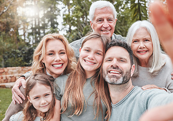 Image showing Big family selfie, smile and portrait in park with happiness, love and bond for social media, app or internet post. Father, mother and daughter with grandparents, profile picture or backyard garden