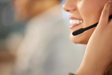 Image showing Call center, microphone and mouth of woman agent talking for customer service, crm or telemarketing. Smile of consultant person with headset for sales, contact us and help desk support, mockup space